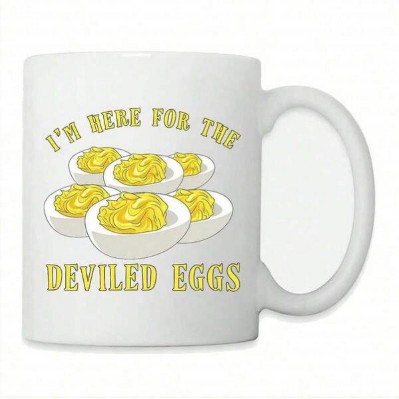 Tailorly White Ceramic 11 oz Mug - Im Here For The Deviled Eggs Several Halved Hard Boiled Eggs With Creamy Yellow Filling Egg