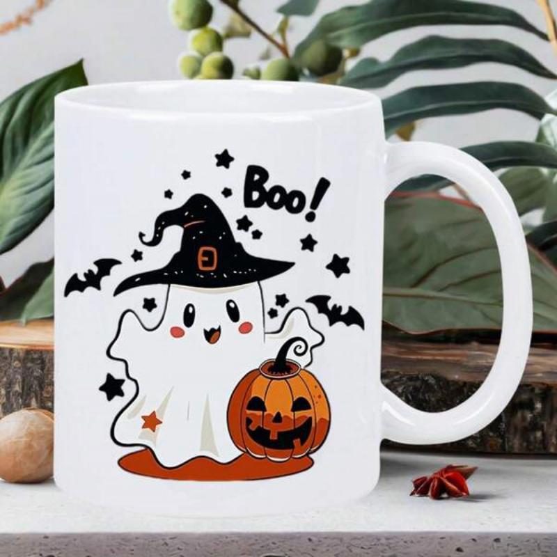 Tailorly White Ceramic 11 oz Mug - Boo Cute Ghost Wearing A Witch Hat Beside A Carved Pumpkin Ghost
