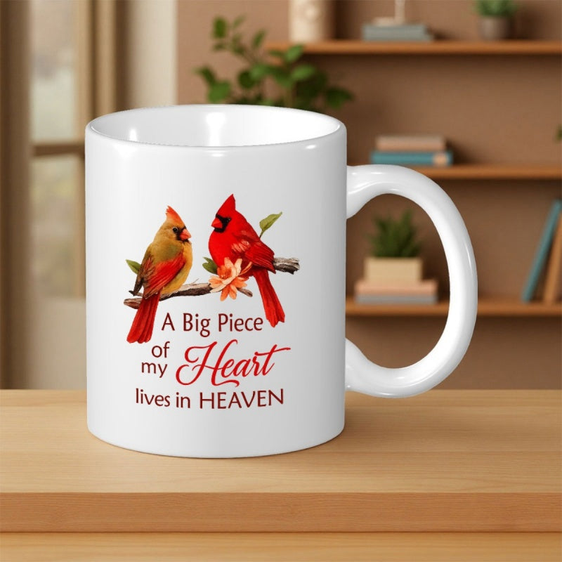 Tailorly White Ceramic 11 oz Mug - A Big Piece Of My Heart Lives In Heaven Two Vibrant Red Birds Perching Peacefully On A Branch With Flowers Cardinal