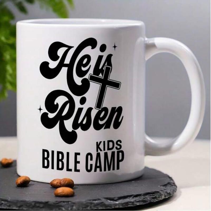 Tailorly White Ceramic 11 oz Mug - He Is Risen Kids Bible Camp Inspirational Religious Symbol Featuring Twinkling Stars And Bold Retro Cross