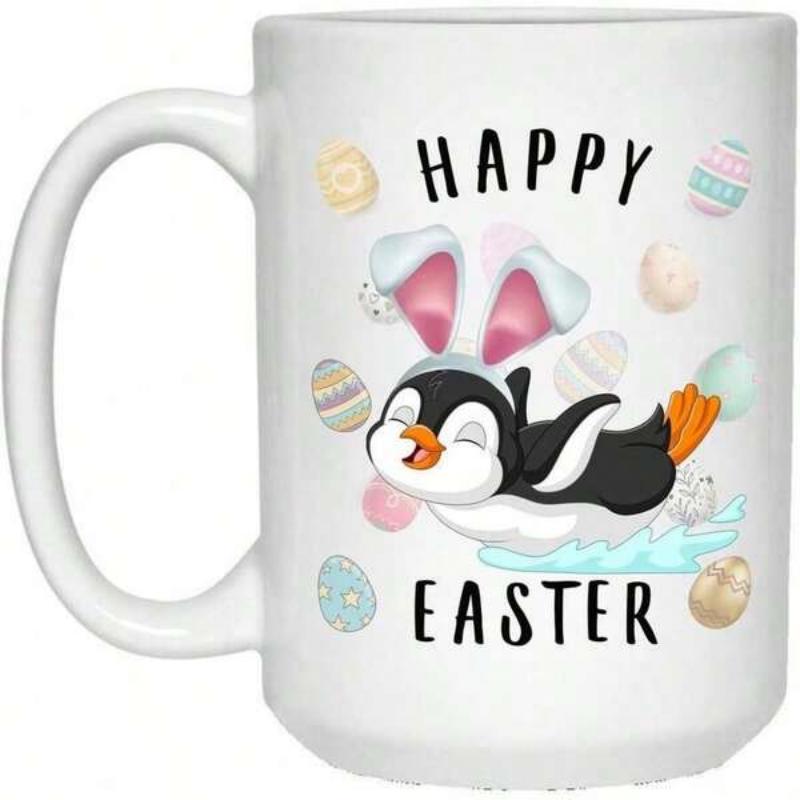 Tailorly White Ceramic 11 oz Mug - Happy Easter Cute Cartoon Character Wearing Pink Bunny Ears Among Colorful Seasonal Eggs Penguin