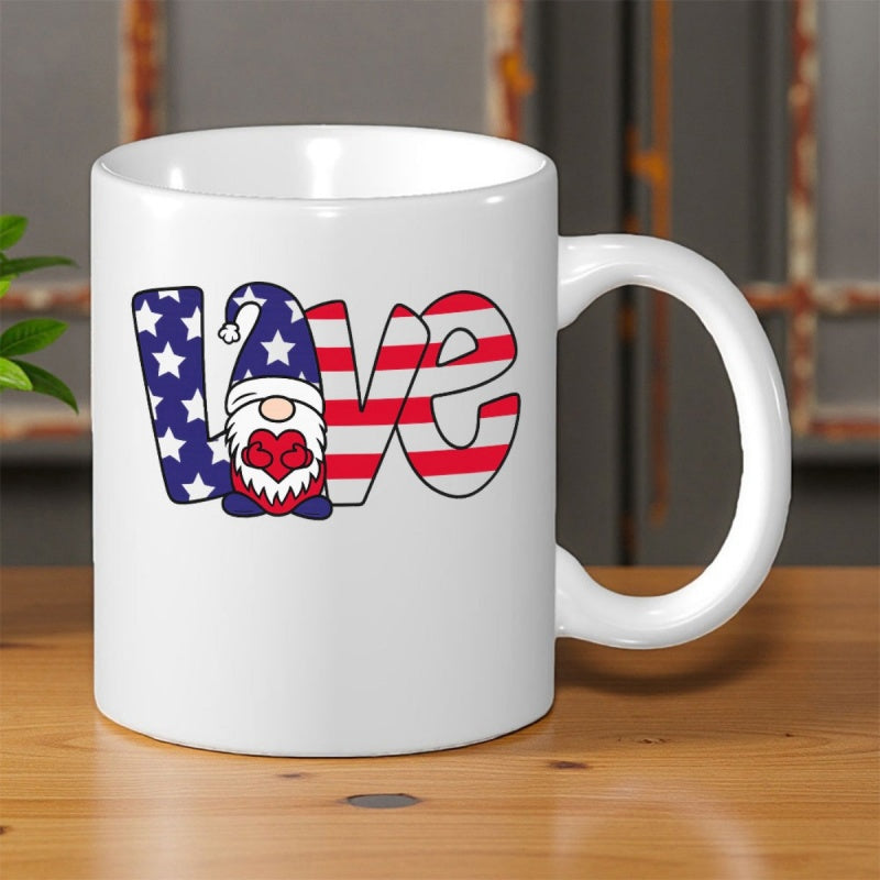 Tailorly White Ceramic 11 oz Mug - Love Patriotic American Flag Pattern With Stars And Stripes Holding Heart Gnome