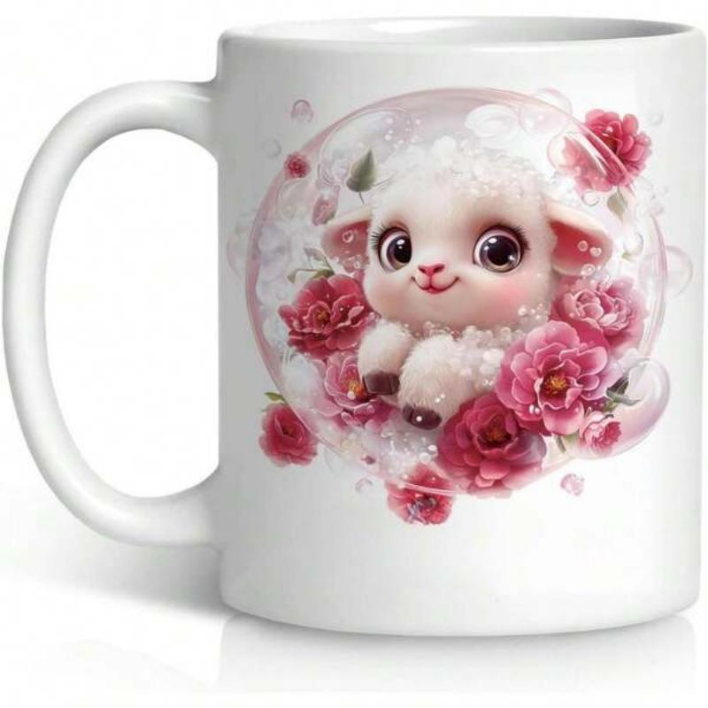Tailorly White Ceramic 11 oz Mug - Charming Fluffy Little Creature Nestled Inside A Circle Of Pink Roses Lamb