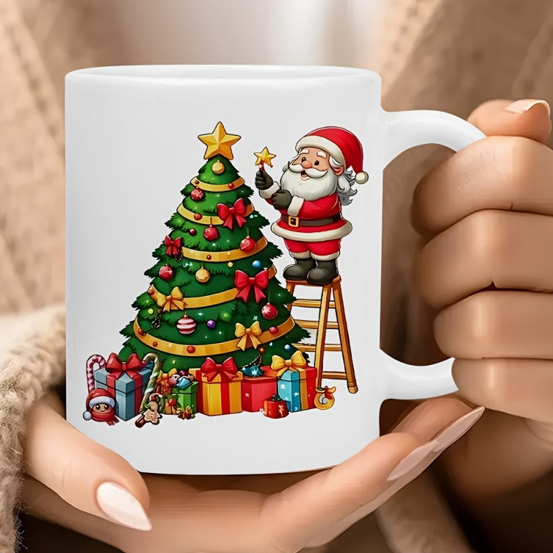 Tailorly White Ceramic 11 oz Mug - Festive Santa Claus Climbing A Ladder To Decorate A Starry Evergreen Christmas Tree