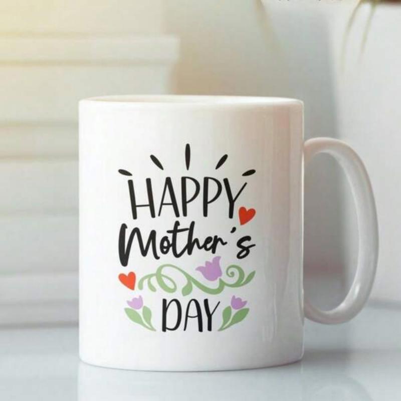 Tailorly White Ceramic 11 oz Mug - Happy Mothers Day Blooming Purple Tulips And Red Hearts Amidst Delicate Green Swirling Vines Mug