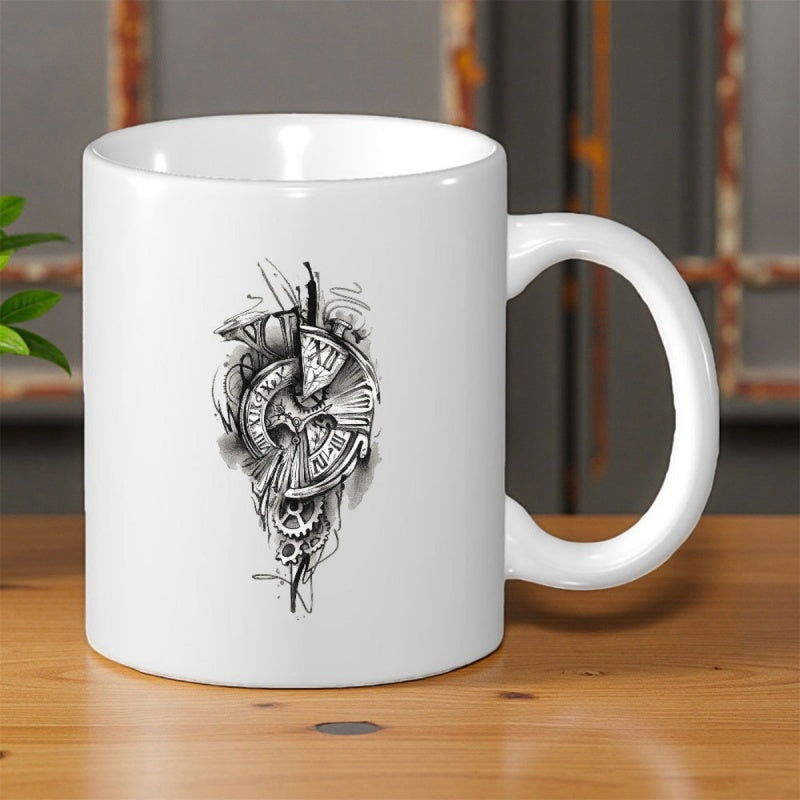 Tailorly White Ceramic 11 oz Mug - Abstract Artistic Sketch Of Broken Clock Gears With Elegant Linework Roman Clock
