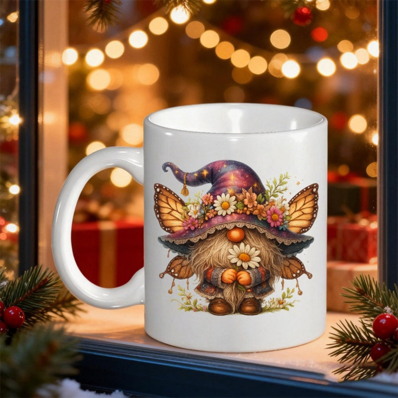 Tailorly White Ceramic 11 oz Mug - Whimsical Fairy Style Character With Butterfly Wings Holding A Tiny Daisy Gnome