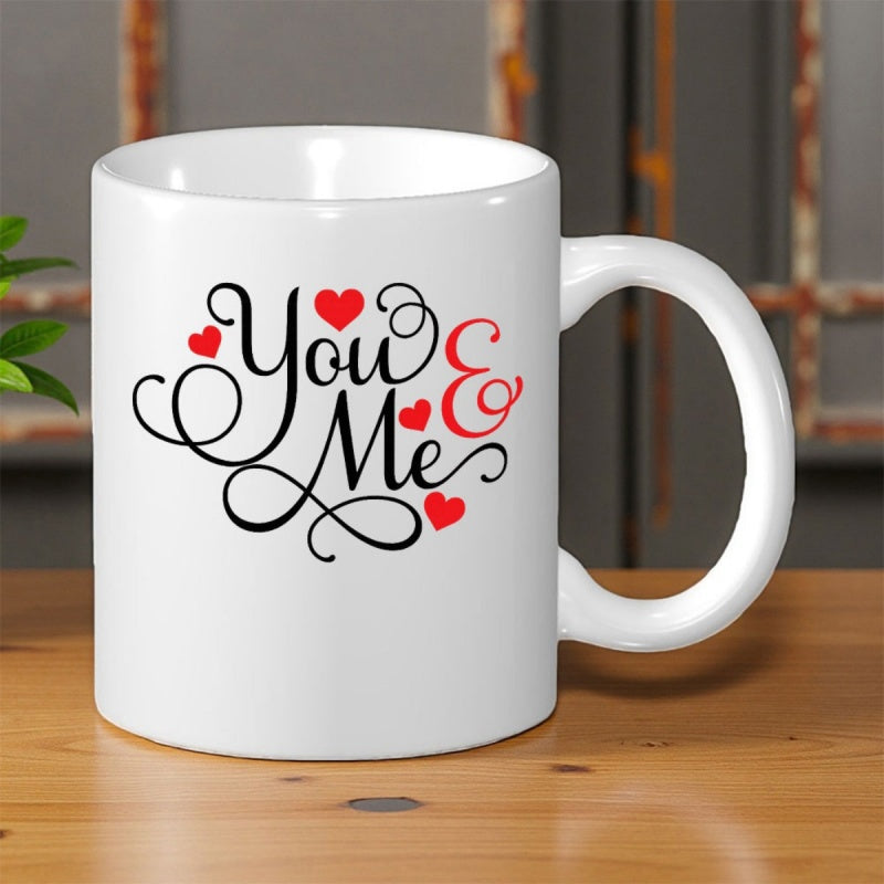 Tailorly White Ceramic 11 oz Mug - You Me Romantic Artistic Swirling Script Decorated With Small Floating Red Hearts Heart
