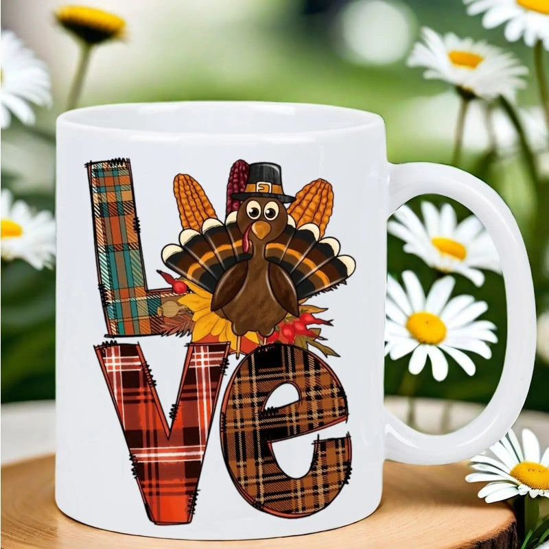 Tailorly White Ceramic 11 oz Mug - Love Festive Thanksgiving Turkey Wearing Pilgrim Hat Surrounded By Plaid Pattern Letters Turkey