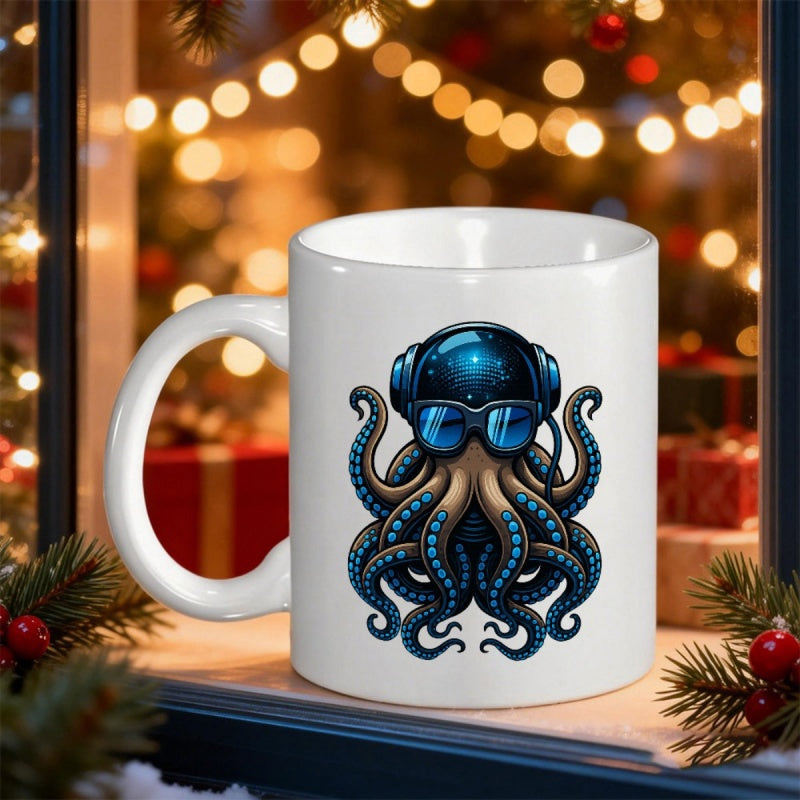 Tailorly White Ceramic 11 oz Mug - Cool Cosmic Sea Creature Wearing A High Tech Astronaut Helmet And Sunglasses Octopus