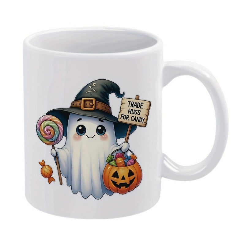 Tailorly White Ceramic 11 oz Mug - Trade Hugs For Candy Cute Smiling Wearing Witch Hat Holding Pumpkin Treat Bucket Ghost