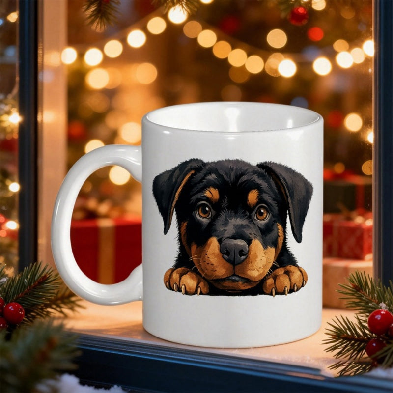 Tailorly White Ceramic 11 oz Mug - Adorable Black And Tan Puppy Peeking With Cute Paws Rottweiler