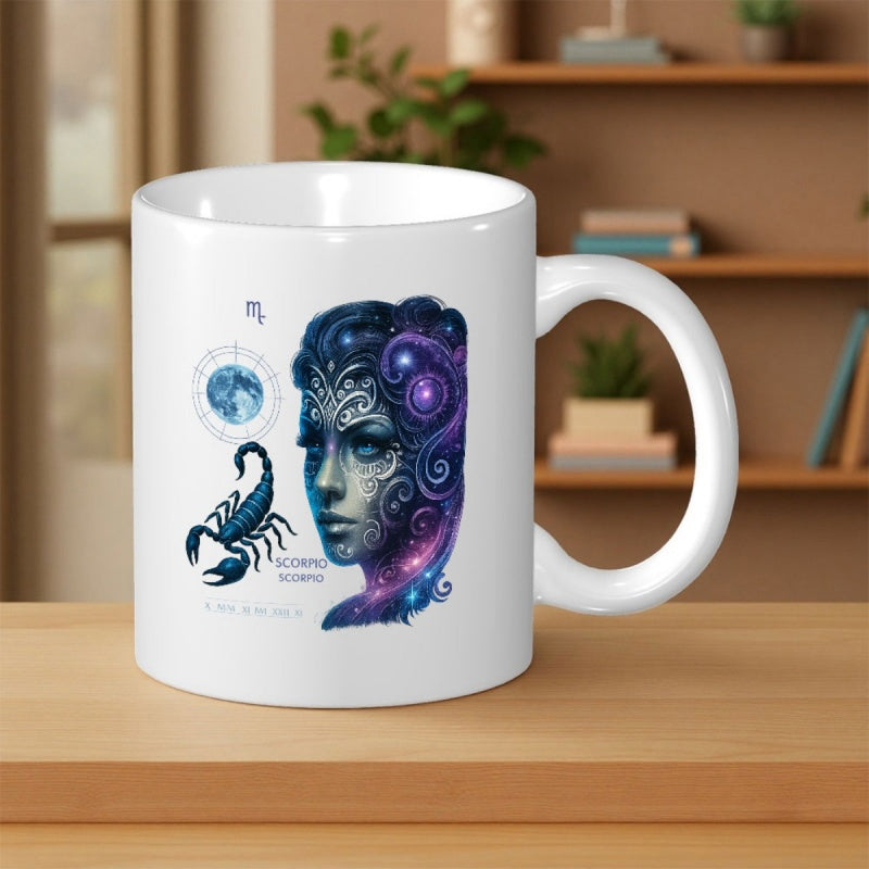 Tailorly White Ceramic 11 oz Mug - Scorpio Mystical Celestial Woman Joined By A Scorpion Among Cosmic Starry Moon Woman