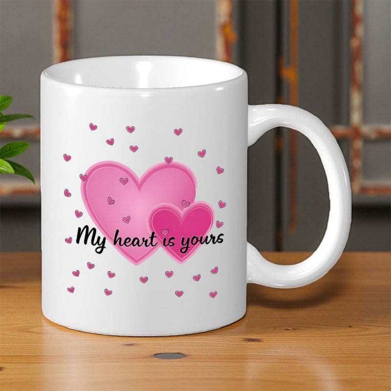 Tailorly White Ceramic 11 oz Mug - My Heart Is Yours Vibrant Pink Tones With Scattered Tiny Elements Surrounding Large Layered Romantic Heart