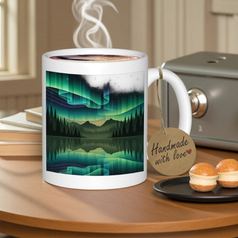 Tailorly White Ceramic 11 oz Mug - Handmade With Love Vibrant Green Northern Lights Reflecting Over Calm Mountain Lake And Trees Aurora