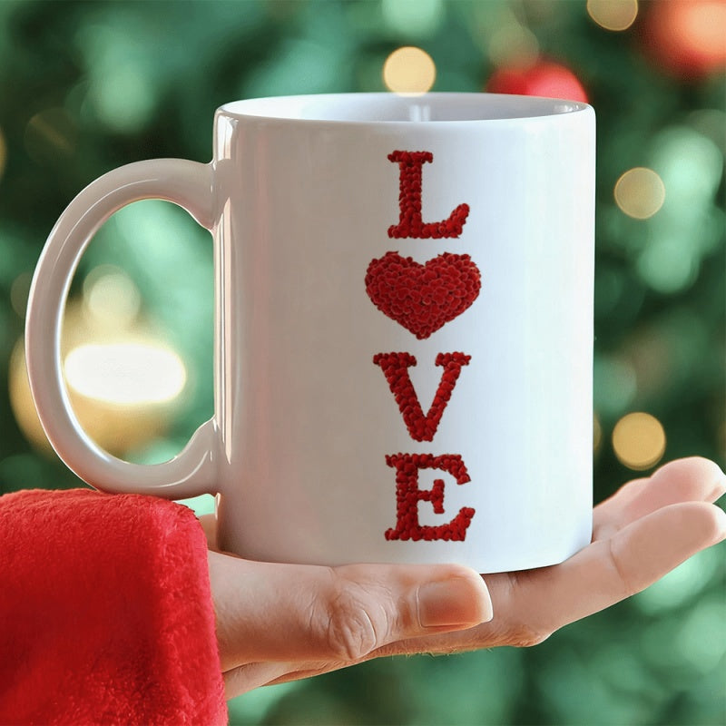 Tailorly White Ceramic 11 oz Mug - Love Textured Red Embroidery Style Letters Standing Bold Against A White Ceramic Heart