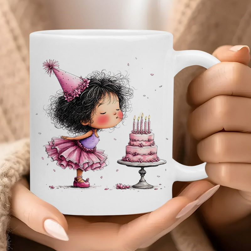 Tailorly White Ceramic 11 oz Mug - Adorable Whimsical Girl In Pink Tutu Blowing Out Birthday Cake Candles Girl