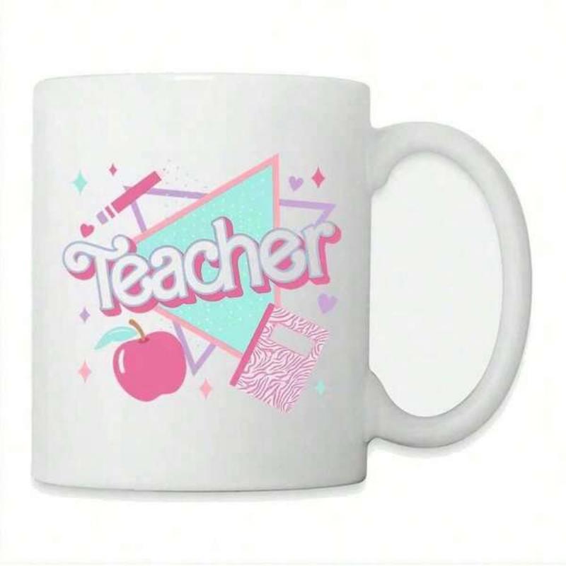 Tailorly White Ceramic 11 oz Mug - Teacher Geometric Pastel Background With Sparkles And Pink Teacher Appreciation Apple