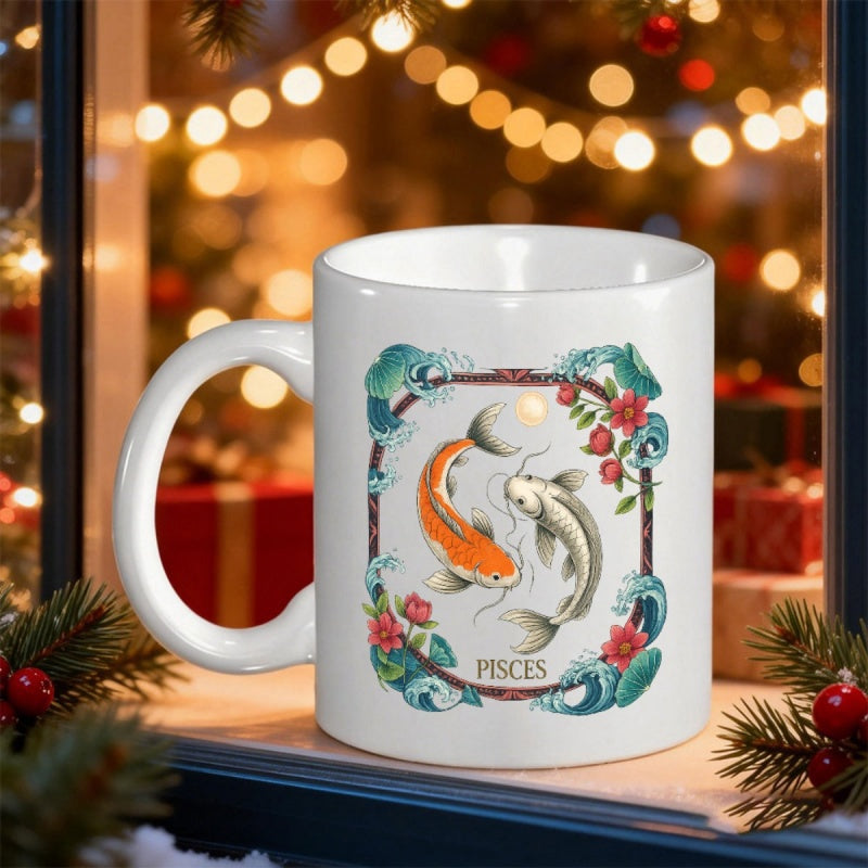 Tailorly White Ceramic 11 oz Mug - Pisces Artistic Twin Koi Fish Swimming Among Blue Waves And Red Flowers Pisces