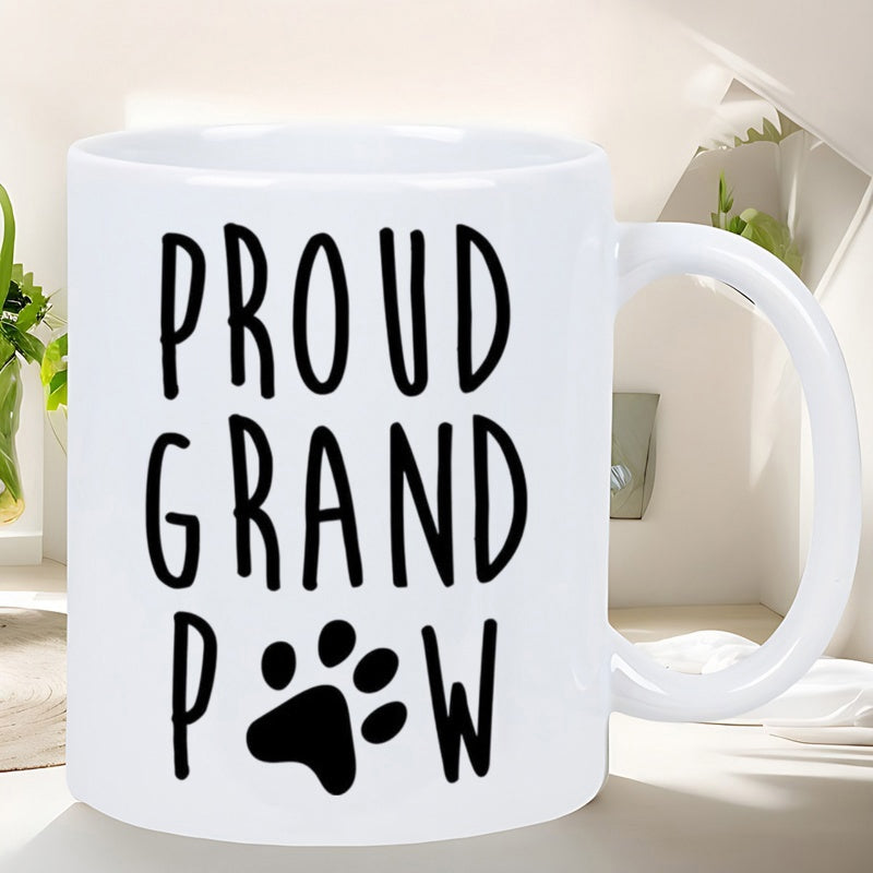 Tailorly White Ceramic 11 oz Mug - Proud Grandpaw Minimalist Black Silhouette Paw Print Integrated Within Handwritten Text Mug