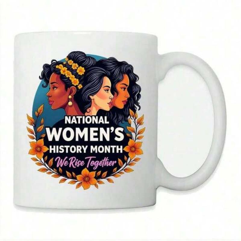 Tailorly White Ceramic 11 oz Mug - National Women's History Month We Rise Together Diverse Faces Surrounded By Golden Autumnal Flowers Representing Empowerment And