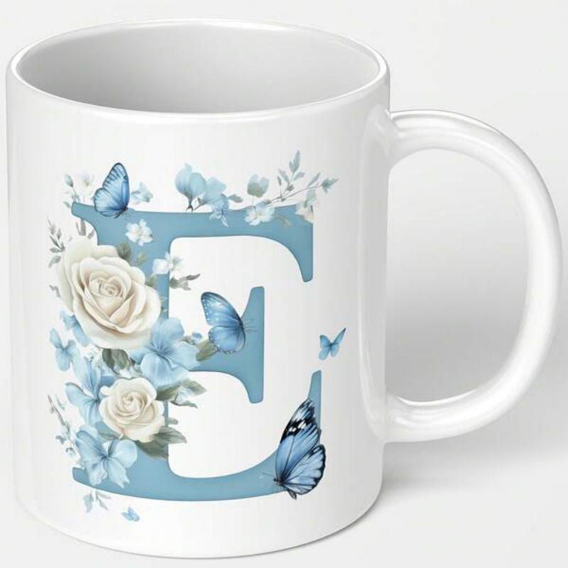 Tailorly White Ceramic 11 oz Mug - E Elegant Floral Arrangement With Butterflies Fluttering Around A Blue Serif Letter