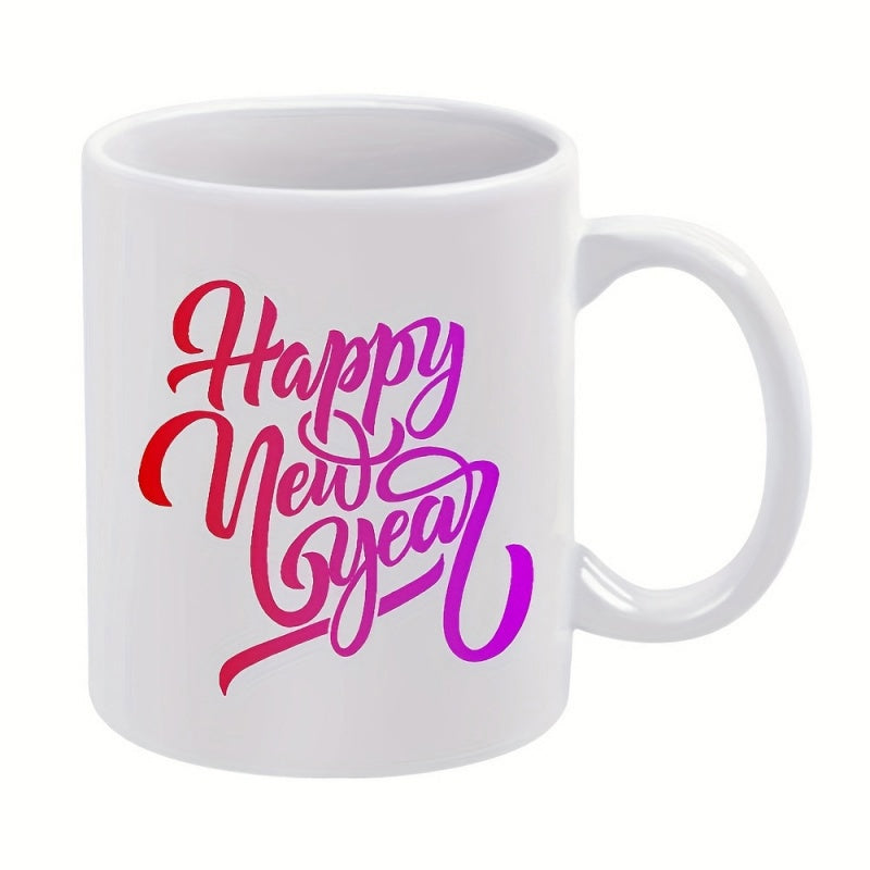 Tailorly White Ceramic 11 oz Mug - Happy New Year Artistic Cursive Calligraphy With Red Purple Gradient Swirling Across Ceramic Surface Mug