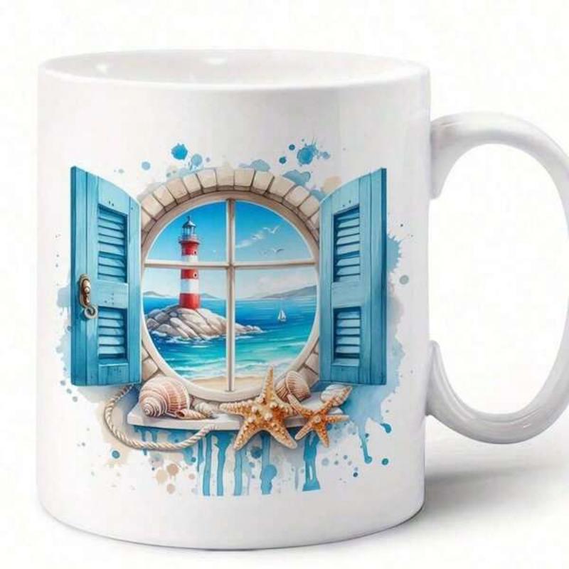 Tailorly White Ceramic 11 oz Mug - Rustic Blue Window Opening To Ocean View With Distant Striped Lighthouse