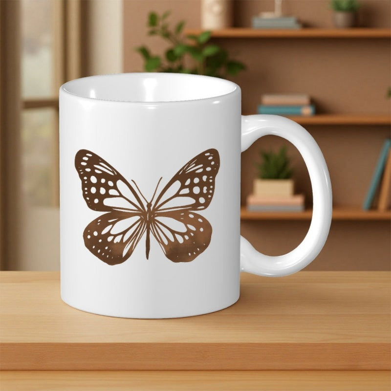 Tailorly White Ceramic 11 oz Mug - Elegant Symmetrical Brown With Intricate Wing Patterns Nature Inspired Butterfly