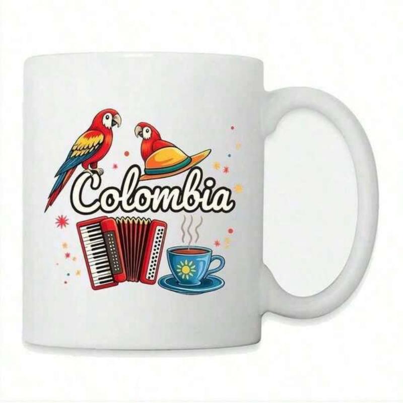 Tailorly White Ceramic 11 oz Mug - Colombia Two Colorful Macaws Perched Above Red Accordion And Steaming Coffee Cup Parrot