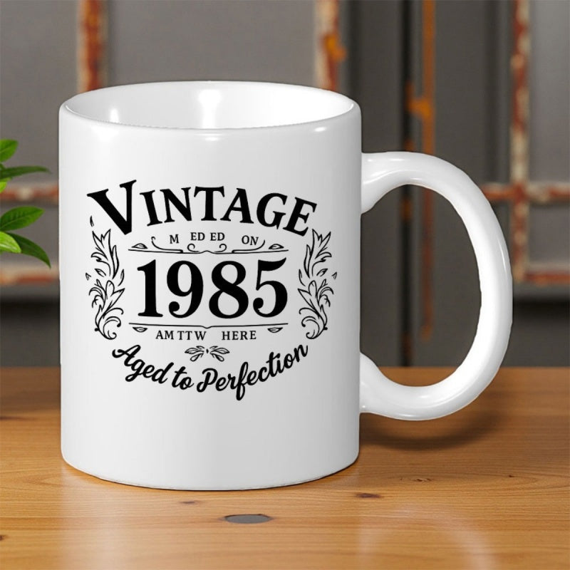 Tailorly White Ceramic 11 oz Mug - Vintage 1985 Aged To Perfection Decorative Symmetrical Filigree With Classic Floral Elements And Mug