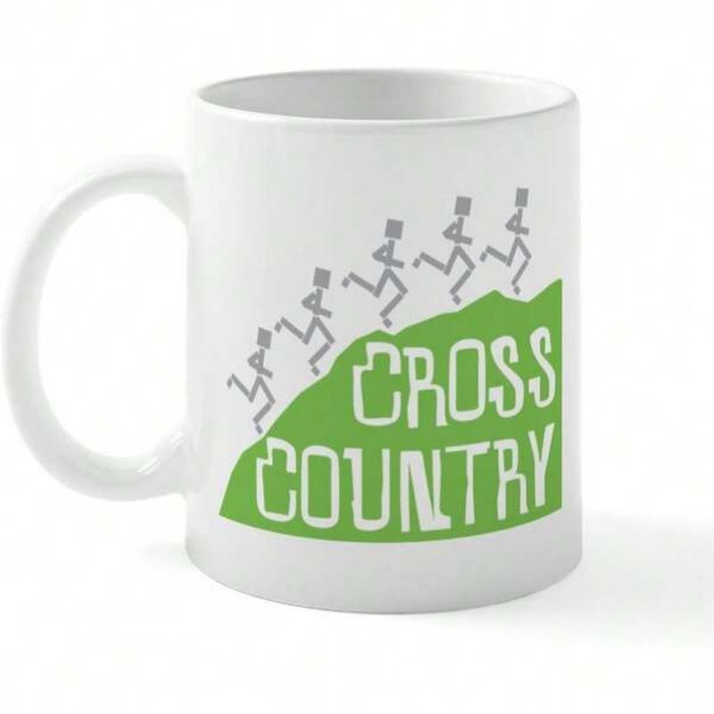 Tailorly White Ceramic 11 oz Mug - Cross Country Stylized Silhouette Athletes Sprinting Across A Sloping Green Grassy Hill Runner