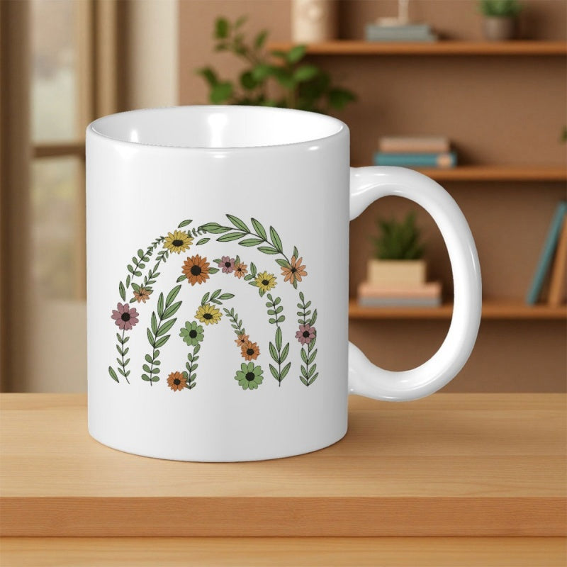 Tailorly White Ceramic 11 oz Mug - Hand Drawn Botanical Leaves And Earthy Tones Flowers Forming A Minimalist Rainbow