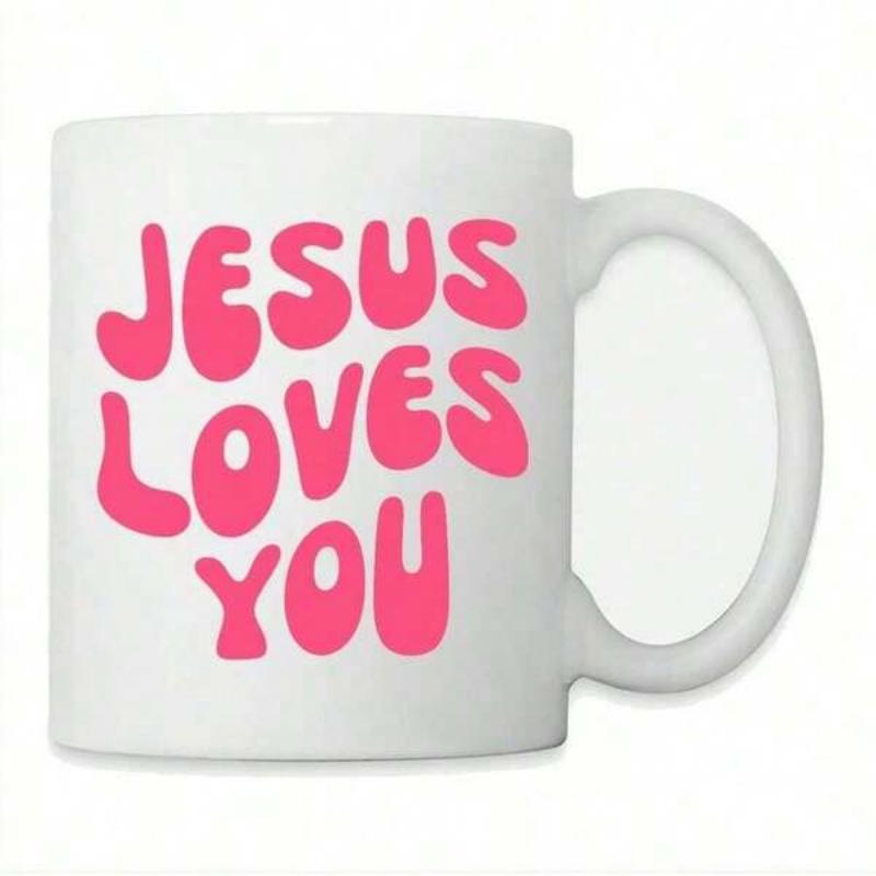 Tailorly White Ceramic 11 oz Mug - Jesus Loves You Vibrant Pink Retro Groovy Wavy Bubble Style Lettering Typography