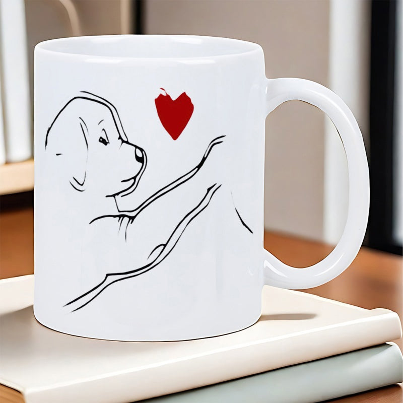 Tailorly White Ceramic 11 oz Mug - Minimalist Black Line Art Sketch Of A Puppy Reaching For A Red Heart Puppy