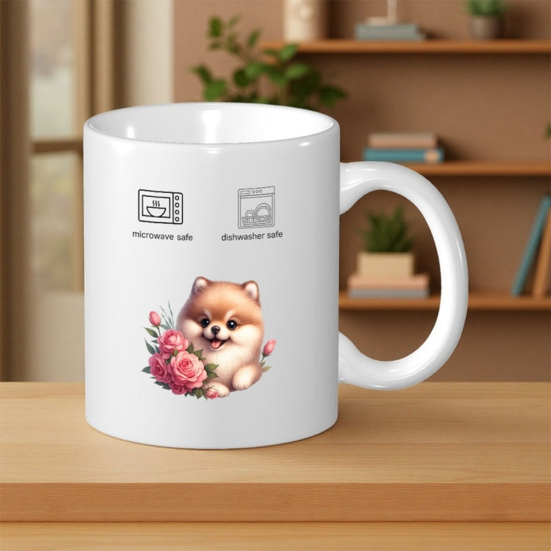 Tailorly White Ceramic 11 oz Mug - Microwave Safe Dishwasher Safe Adorable Fluffy Pomeranian Puppy Sitting With Pink Roses In Bloom Dog