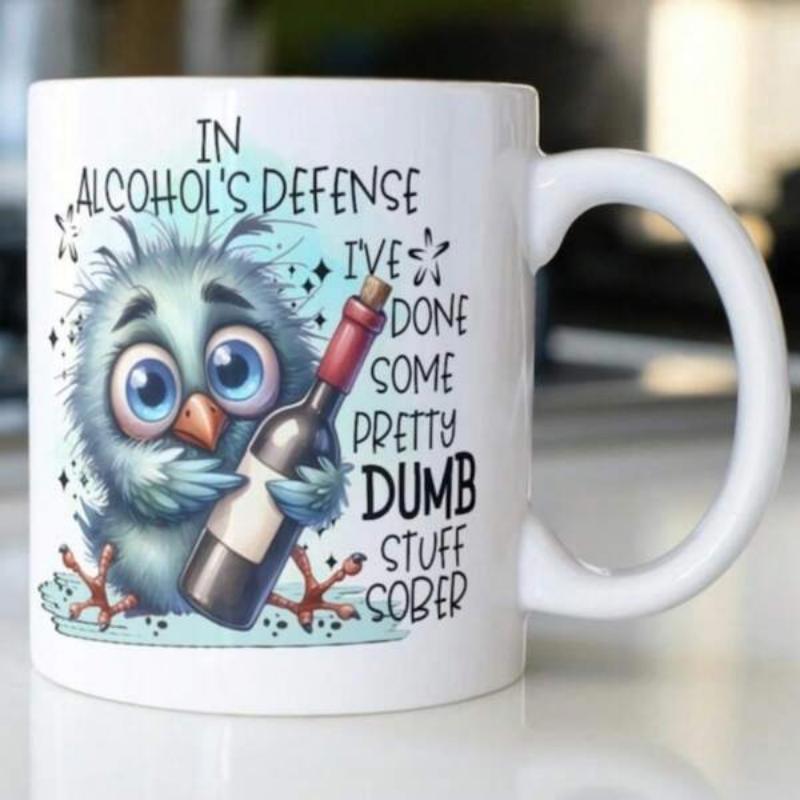 Tailorly White Ceramic 11 oz Mug - In Alcohols Defense Ive Done Some Pretty Dumb Stuff Sober Cute Fluffy Blue Bird Clutching A Dark Glass Wine Bottle Bird