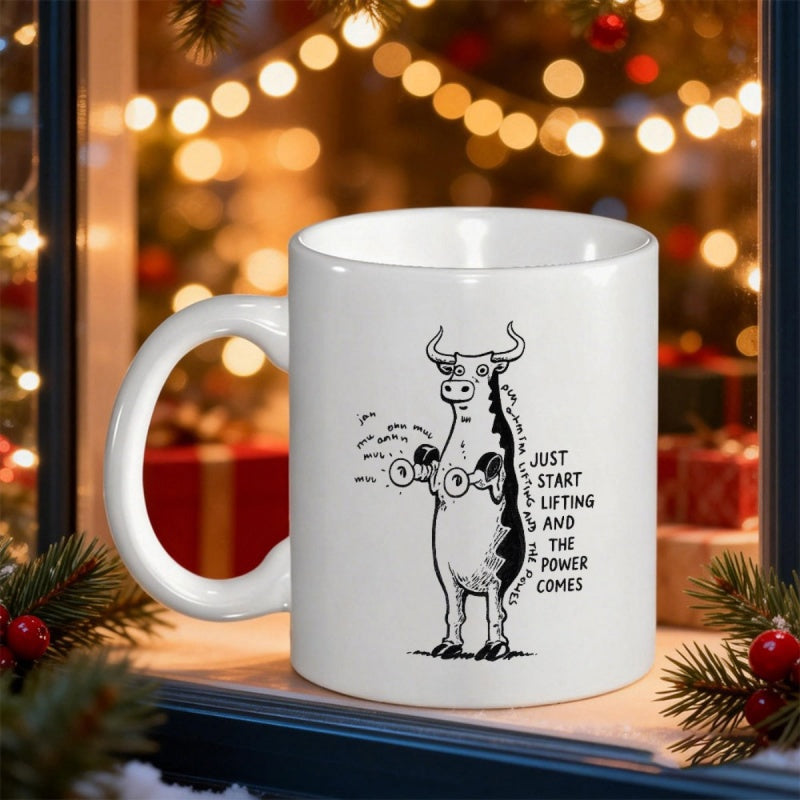 Tailorly White Ceramic 11 oz Mug - Just Start Lifting And The Power Comes Strong Athletic Character Lifting Heavy Dumbbells Standing Outdoors Bull