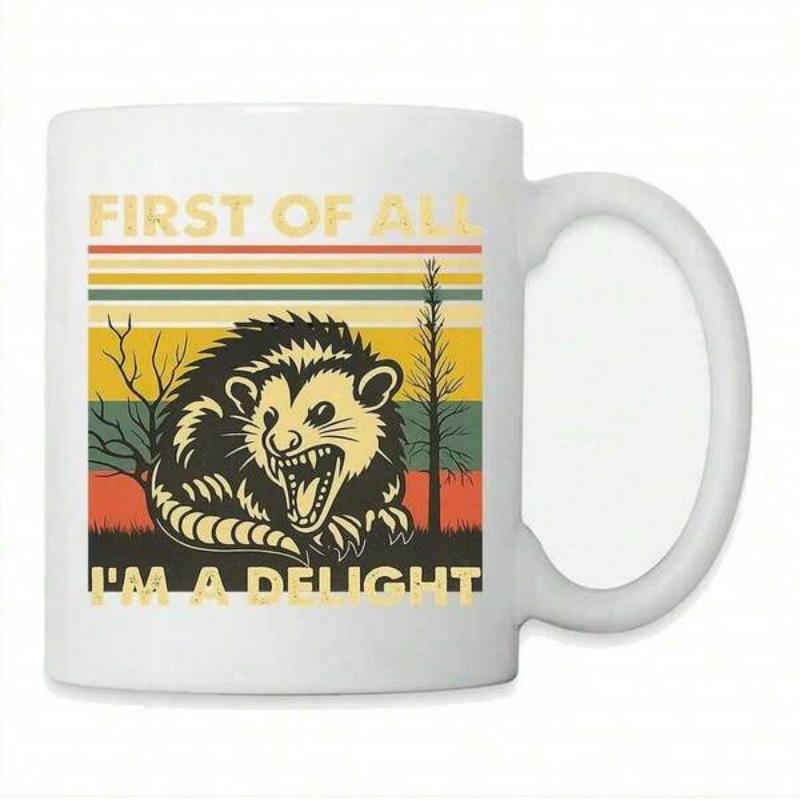 Tailorly White Ceramic 11 oz Mug - First Of All Im A Delight Vintage Retro Striped Sunset Background Featuring A Hissing Screaming Wild Opossum