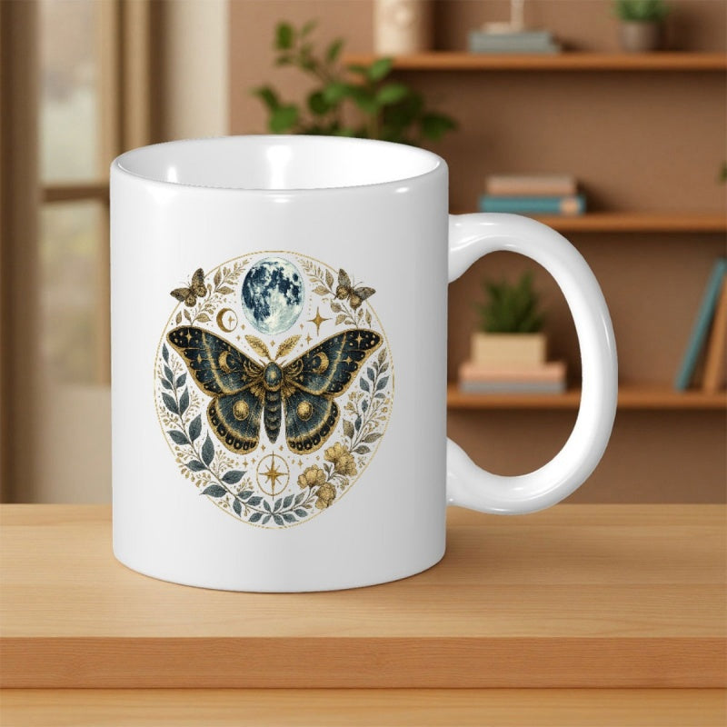 Tailorly White Ceramic 11 oz Mug - Mystical Celestial Wings Under Glowing Full Moon Among Delicate Branch Leaves Moth