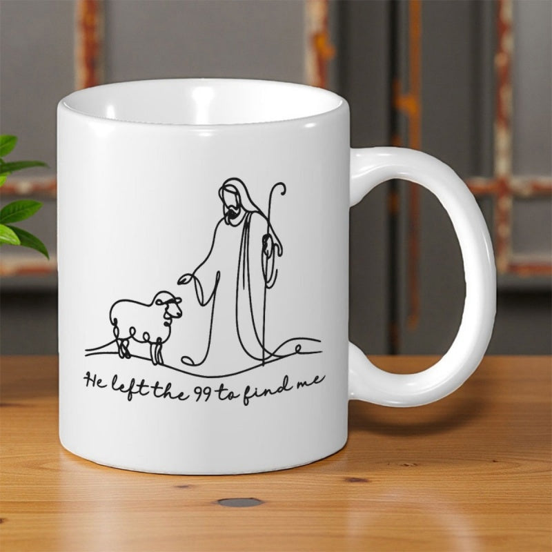 Tailorly White Ceramic 11 oz Mug - He Left The 99 To Find Me Minimalist Black Line Art Sketch Of A Holy Divine Shepherd