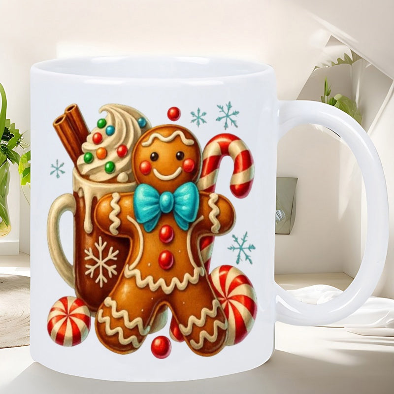 Tailorly White Ceramic 11 oz Mug - Festive Christmas Scene With Hot Cocoa And Peppermint Candy Cane Gingerbread Man