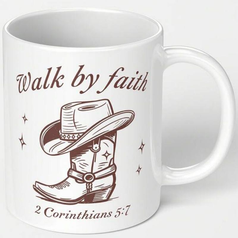 Tailorly White Ceramic 11 oz Mug - Walk By Faith 2 Corinthians 5 7 Western Style Line Art Illustration Of A Hat And Boot