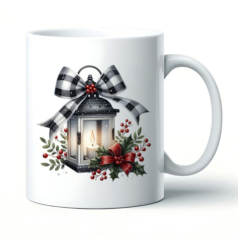 Tailorly White Ceramic 11 oz Mug - Rustic Winter Lantern Decorated With Buffalo Plaid Bow And Festive Holly Berries Lantern