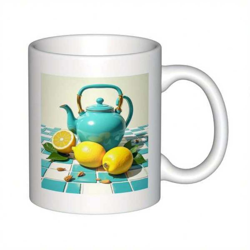 Tailorly White Ceramic 11 oz Mug - Turquoise Ceramic Kettle With Fresh Yellow Lemons On Blue Tiled Table Teapot