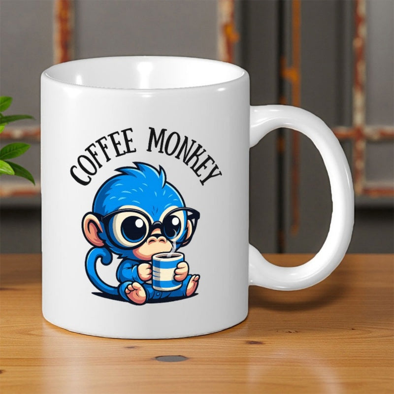 Tailorly White Ceramic 11 oz Mug - Coffee Monkey Adorable Little Blue Character Wearing Glasses Sipping From A Cup Sitting Monkey
