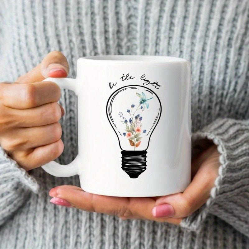 Tailorly White Ceramic 11 oz Mug - Be The Light Delicate Floral Arrangement Growing Inside A Glowing Glass Lightbulb