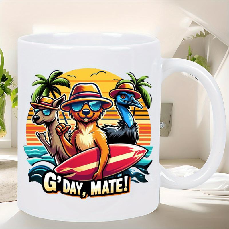 Tailorly White Ceramic 11 oz Mug - G Day Mate Cartoon Australian Animals Wearing Hats And Sunglasses Surfing During Sunset Beach Waves Kangaroo