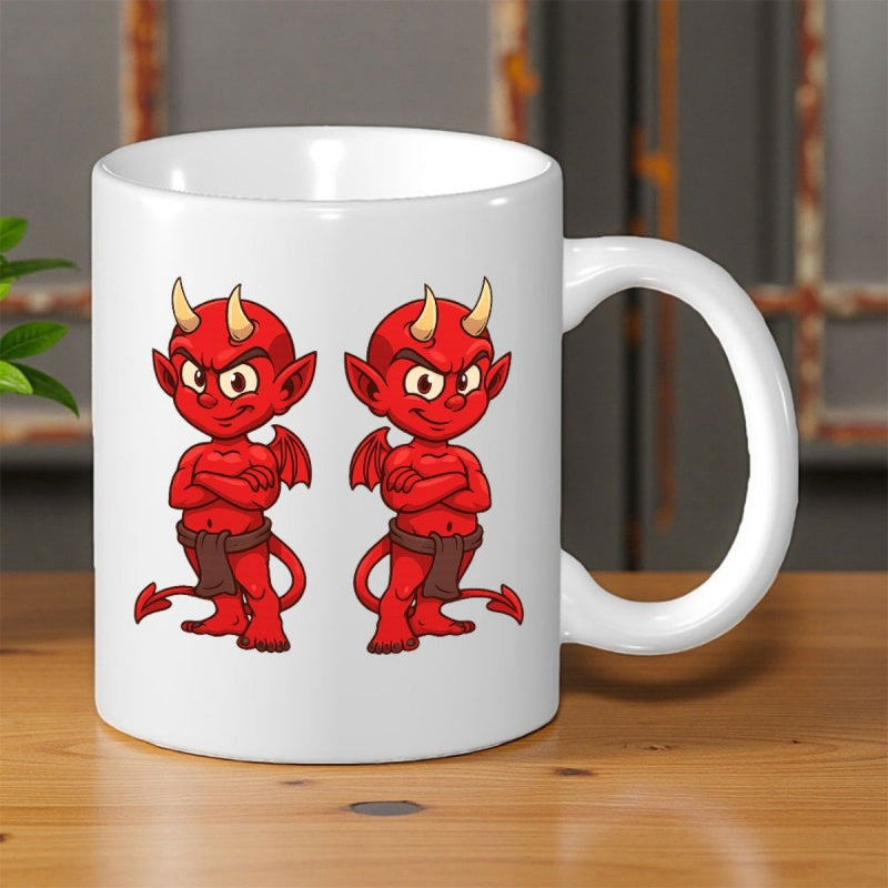 Tailorly White Ceramic 11 oz Mug - Playful Little Cartoon Devils With Pointy Horns And Wings Standing Confident Devil