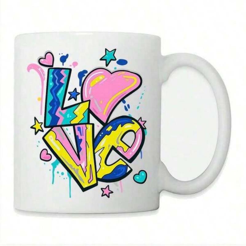 Tailorly White Ceramic 11 oz Mug - Love Vibrant Colorful Graffiti Style With Artistic Drips And Radiant Shooting Stars Heart